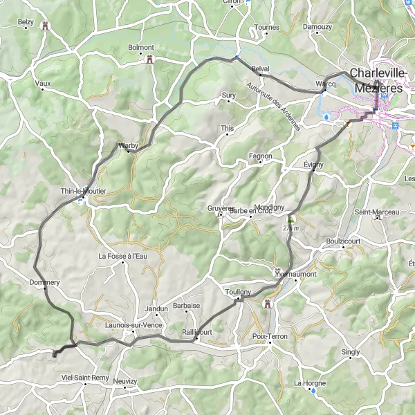 Map miniature of "Scenic Road Cycling Route near Charleville-Mézières" cycling inspiration in Champagne-Ardenne, France. Generated by Tarmacs.app cycling route planner