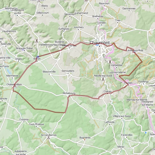 Map miniature of "Châteauvillain Discovery Ride" cycling inspiration in Champagne-Ardenne, France. Generated by Tarmacs.app cycling route planner