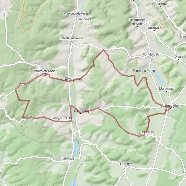 Miniature de la carte de l'inspiration cycliste "Les collines de la Champagne" dans la Champagne-Ardenne, France. Générée par le planificateur d'itinéraire cycliste Tarmacs.app