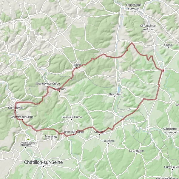 Map miniature of "Châteauvillain Ultimate Gravel Challenge" cycling inspiration in Champagne-Ardenne, France. Generated by Tarmacs.app cycling route planner