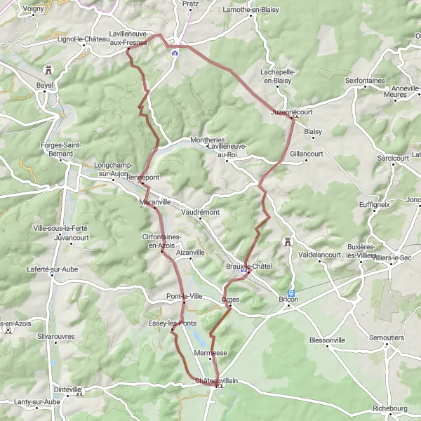 Map miniature of "Châteauvillain to Châteauvillain via gravel roads" cycling inspiration in Champagne-Ardenne, France. Generated by Tarmacs.app cycling route planner