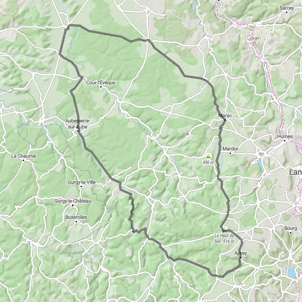 Miniature de la carte de l'inspiration cycliste "Boucle des Vallées de Haute-Marne" dans la Champagne-Ardenne, France. Générée par le planificateur d'itinéraire cycliste Tarmacs.app