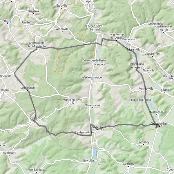 Miniature de la carte de l'inspiration cycliste "Boucle Champenoise" dans la Champagne-Ardenne, France. Générée par le planificateur d'itinéraire cycliste Tarmacs.app