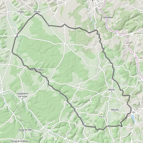 Miniature de la carte de l'inspiration cycliste "L'Épopée de Mont Jourdeuil" dans la Champagne-Ardenne, France. Générée par le planificateur d'itinéraire cycliste Tarmacs.app