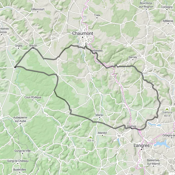 Miniature de la carte de l'inspiration cycliste "Tour des Collines Champenoises" dans la Champagne-Ardenne, France. Générée par le planificateur d'itinéraire cycliste Tarmacs.app