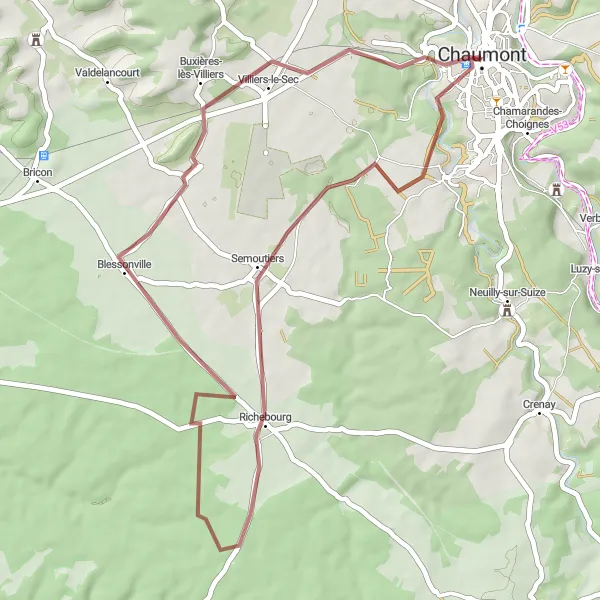 Miniature de la carte de l'inspiration cycliste "Parcours Gravel Autour de Chaumont" dans la Champagne-Ardenne, France. Générée par le planificateur d'itinéraire cycliste Tarmacs.app