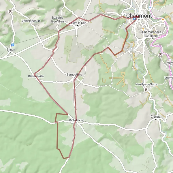 Map miniature of "L'aventure en gravel près de Chaumont" cycling inspiration in Champagne-Ardenne, France. Generated by Tarmacs.app cycling route planner