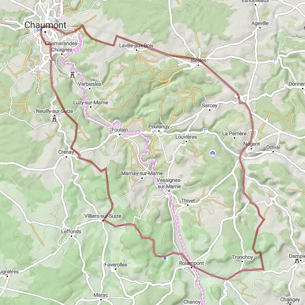Miniature de la carte de l'inspiration cycliste "Circuit de Gravel à partir de Chaumont" dans la Champagne-Ardenne, France. Générée par le planificateur d'itinéraire cycliste Tarmacs.app