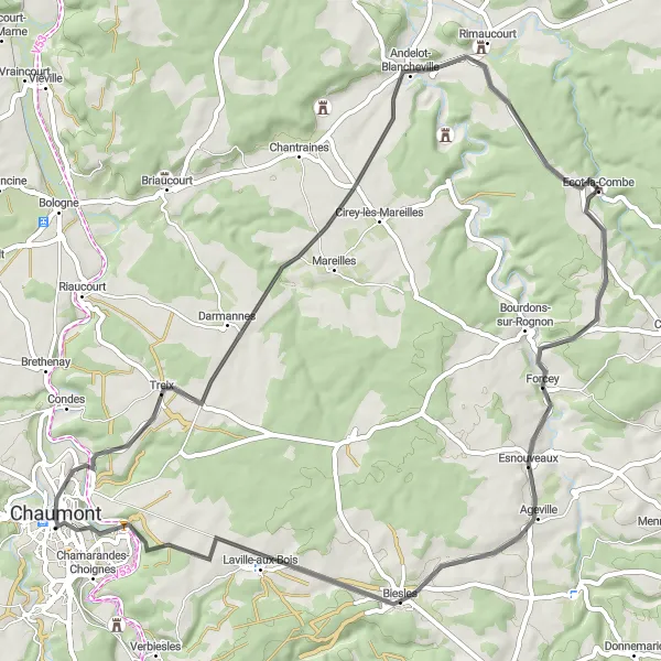 Miniature de la carte de l'inspiration cycliste "Bike Tour Road Près de Chaumont" dans la Champagne-Ardenne, France. Générée par le planificateur d'itinéraire cycliste Tarmacs.app