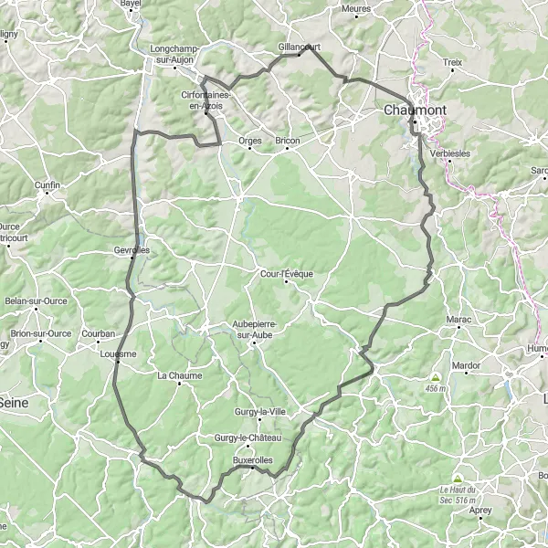 Miniature de la carte de l'inspiration cycliste "Boucle Bucolique au Départ de Chaumont" dans la Champagne-Ardenne, France. Générée par le planificateur d'itinéraire cycliste Tarmacs.app
