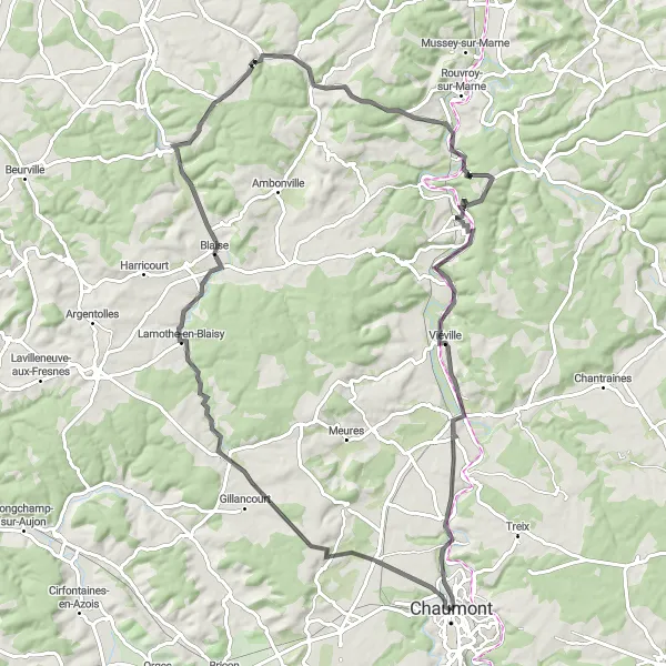 Miniature de la carte de l'inspiration cycliste "Itinéraire Cyclable en Road près de Chaumont" dans la Champagne-Ardenne, France. Générée par le planificateur d'itinéraire cycliste Tarmacs.app