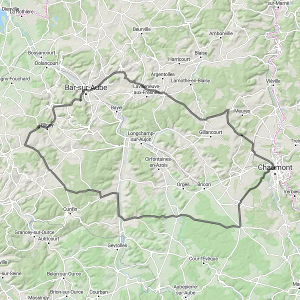 Map miniature of "The Enticing Beauty of Haute-Marne" cycling inspiration in Champagne-Ardenne, France. Generated by Tarmacs.app cycling route planner