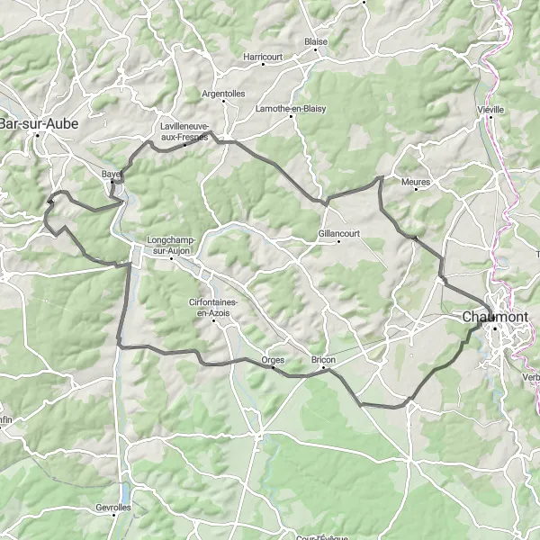 Map miniature of "Journey through Haute-Marne" cycling inspiration in Champagne-Ardenne, France. Generated by Tarmacs.app cycling route planner