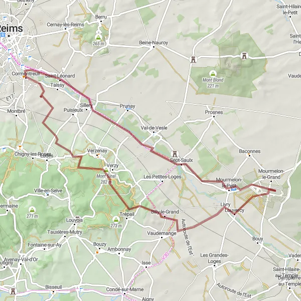 Map miniature of "Champagne Gravel Ride" cycling inspiration in Champagne-Ardenne, France. Generated by Tarmacs.app cycling route planner