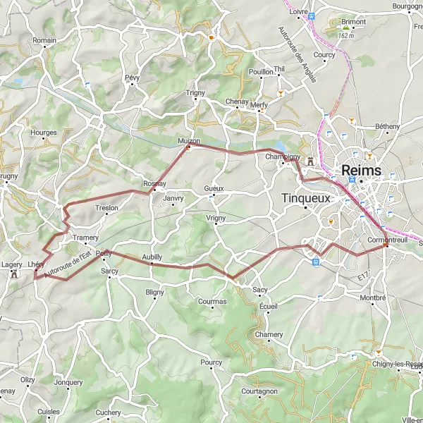 Map miniature of "Vineyard Gravel Ride" cycling inspiration in Champagne-Ardenne, France. Generated by Tarmacs.app cycling route planner