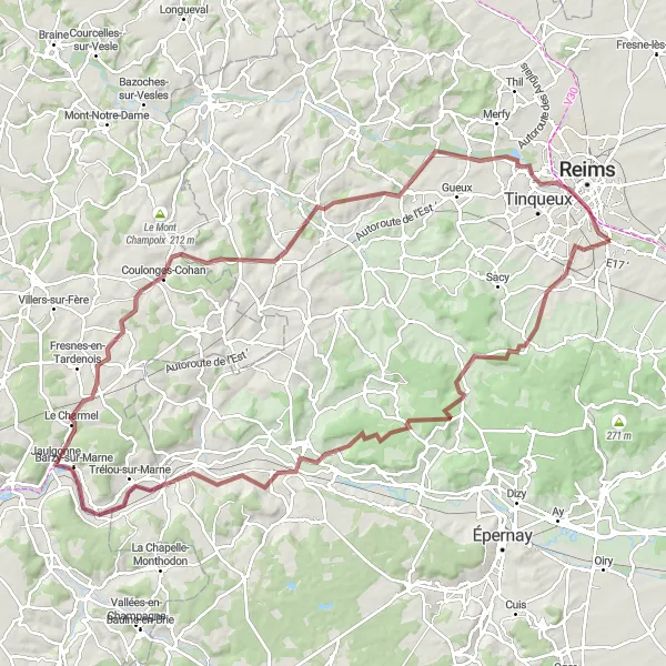 Map miniature of "Marne River Gravel Adventure" cycling inspiration in Champagne-Ardenne, France. Generated by Tarmacs.app cycling route planner