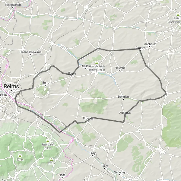 Map miniature of "Reims Loop" cycling inspiration in Champagne-Ardenne, France. Generated by Tarmacs.app cycling route planner