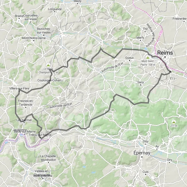 Map miniature of "Grand Tour of Champagne" cycling inspiration in Champagne-Ardenne, France. Generated by Tarmacs.app cycling route planner