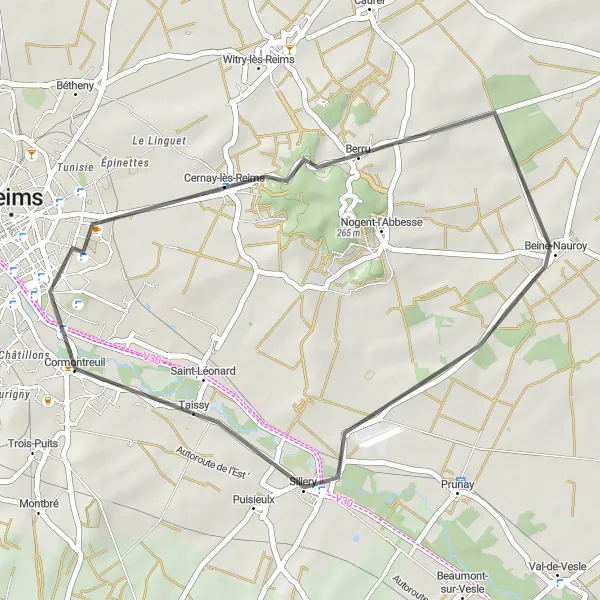 Map miniature of "Reims Countryside Loop" cycling inspiration in Champagne-Ardenne, France. Generated by Tarmacs.app cycling route planner