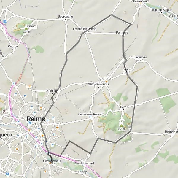 Miniature de la carte de l'inspiration cycliste "La boucle de Reims" dans la Champagne-Ardenne, France. Générée par le planificateur d'itinéraire cycliste Tarmacs.app