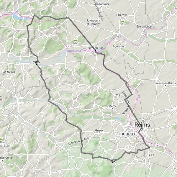 Map miniature of "Road to Reims" cycling inspiration in Champagne-Ardenne, France. Generated by Tarmacs.app cycling route planner