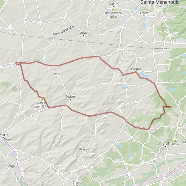 Miniature de la carte de l'inspiration cycliste "Chemin de Vélo dans la Champagne-Ardenne" dans la Champagne-Ardenne, France. Générée par le planificateur d'itinéraire cycliste Tarmacs.app