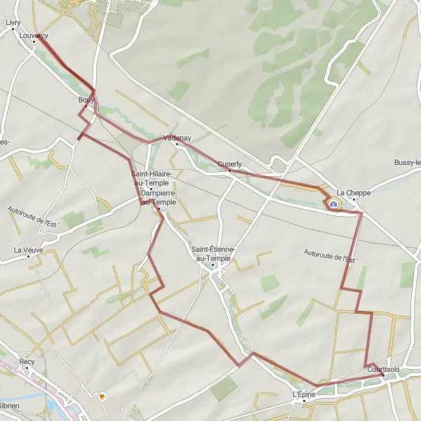 Map miniature of "The Historic Trail of Courtisols" cycling inspiration in Champagne-Ardenne, France. Generated by Tarmacs.app cycling route planner