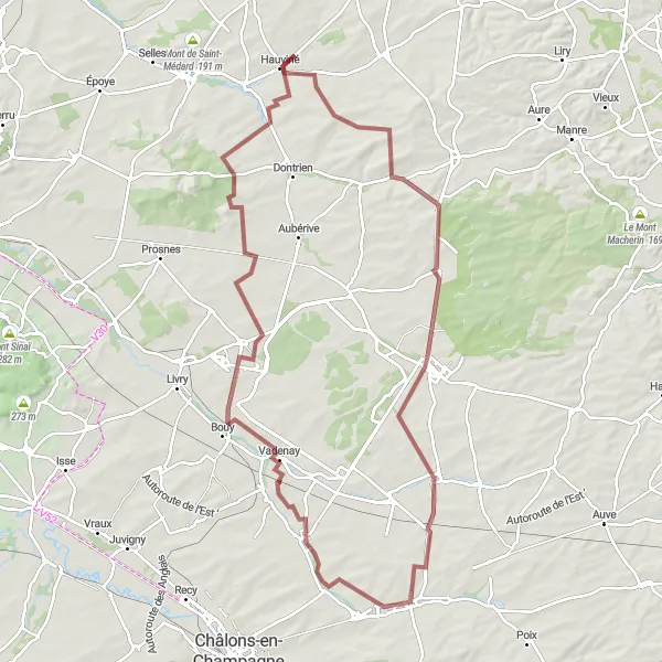 Map miniature of "The Champagne Gravel Adventure" cycling inspiration in Champagne-Ardenne, France. Generated by Tarmacs.app cycling route planner