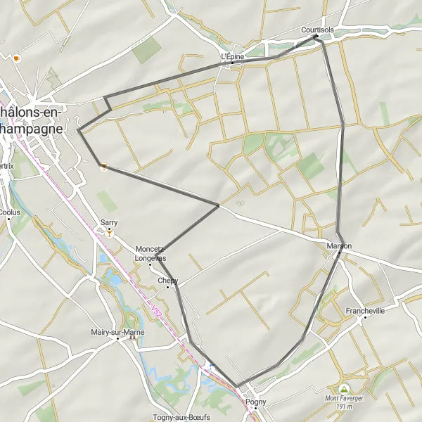 Miniature de la carte de l'inspiration cycliste "Parcours de cyclisme boucle de Marson" dans la Champagne-Ardenne, France. Générée par le planificateur d'itinéraire cycliste Tarmacs.app