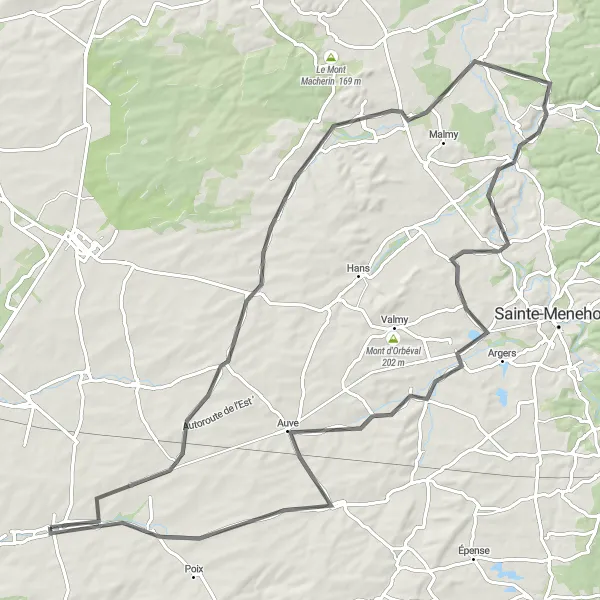 Map miniature of "The Tour of Champagne-Ardenne" cycling inspiration in Champagne-Ardenne, France. Generated by Tarmacs.app cycling route planner