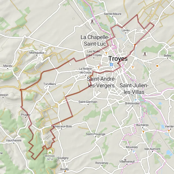 Miniature de la carte de l'inspiration cycliste "Les collines de Champagne" dans la Champagne-Ardenne, France. Générée par le planificateur d'itinéraire cycliste Tarmacs.app