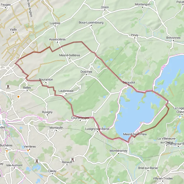 Miniature de la carte de l'inspiration cycliste "Tour Gravel à Géraudot et Villechétif" dans la Champagne-Ardenne, France. Générée par le planificateur d'itinéraire cycliste Tarmacs.app