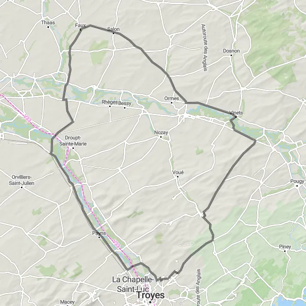 Miniature de la carte de l'inspiration cycliste "Parcours Barberey-Saint-Sulpice et Luyères" dans la Champagne-Ardenne, France. Générée par le planificateur d'itinéraire cycliste Tarmacs.app