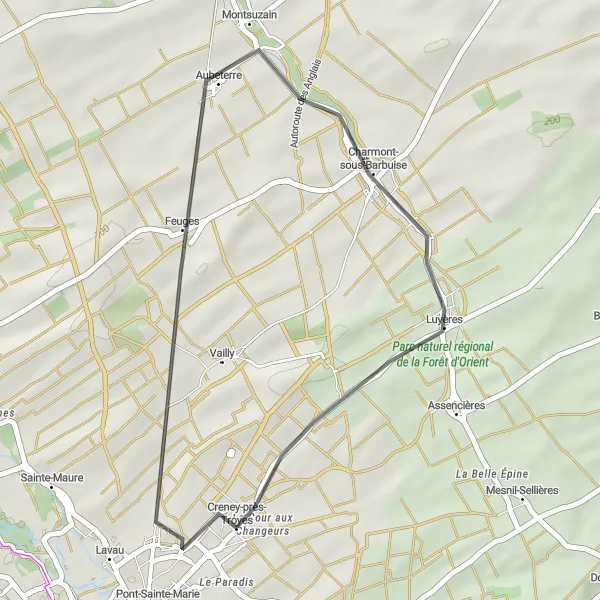 Miniature de la carte de l'inspiration cycliste "Boucle de Feuges et Luyères" dans la Champagne-Ardenne, France. Générée par le planificateur d'itinéraire cycliste Tarmacs.app