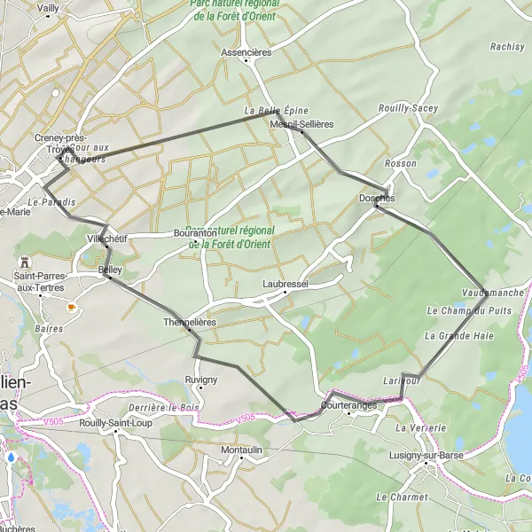 Miniature de la carte de l'inspiration cycliste "La route des vignobles" dans la Champagne-Ardenne, France. Générée par le planificateur d'itinéraire cycliste Tarmacs.app