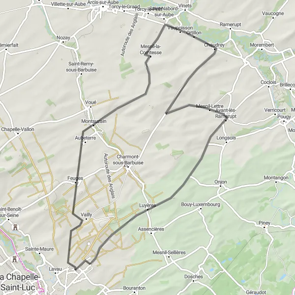 Miniature de la carte de l'inspiration cycliste "Boucle de Creney-près-Troyes" dans la Champagne-Ardenne, France. Générée par le planificateur d'itinéraire cycliste Tarmacs.app