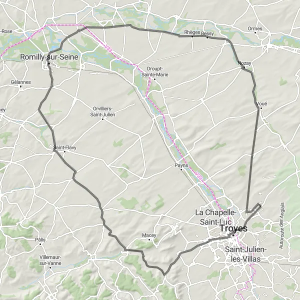 Miniature de la carte de l'inspiration cycliste "Les boucles de l'Aube" dans la Champagne-Ardenne, France. Générée par le planificateur d'itinéraire cycliste Tarmacs.app