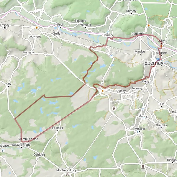 Map miniature of "Épernay Countryside Gravel Loop" cycling inspiration in Champagne-Ardenne, France. Generated by Tarmacs.app cycling route planner