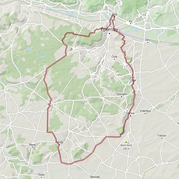 Map miniature of "Oger Gravel Escape" cycling inspiration in Champagne-Ardenne, France. Generated by Tarmacs.app cycling route planner