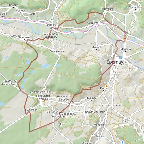 Miniature de la carte de l'inspiration cycliste "Parcours Gravel à travers les vignes" dans la Champagne-Ardenne, France. Générée par le planificateur d'itinéraire cycliste Tarmacs.app