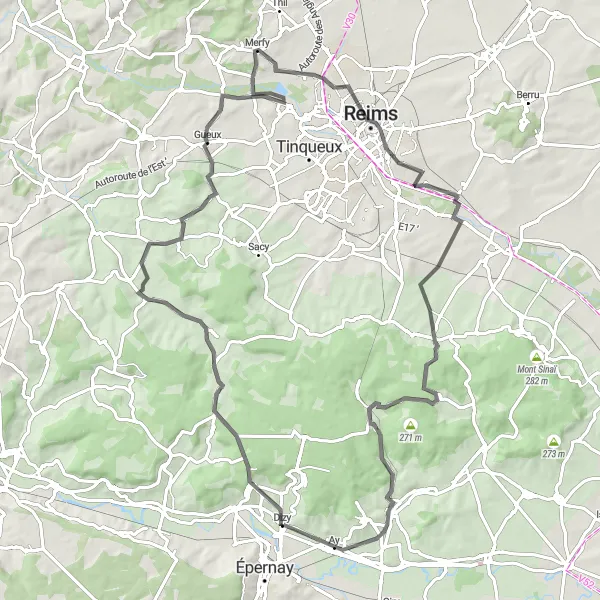 Miniature de la carte de l'inspiration cycliste "Boucle des villages de Champagne" dans la Champagne-Ardenne, France. Générée par le planificateur d'itinéraire cycliste Tarmacs.app
