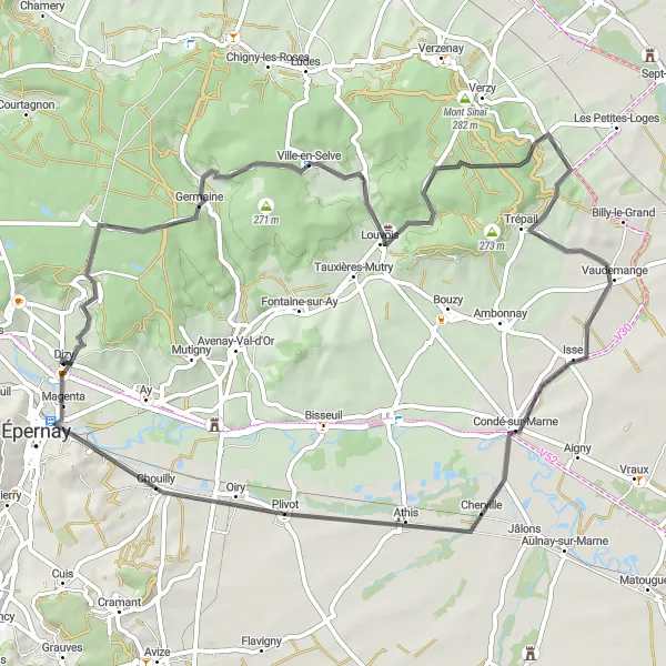 Map miniature of "Champillon to Dizy Road Loop" cycling inspiration in Champagne-Ardenne, France. Generated by Tarmacs.app cycling route planner