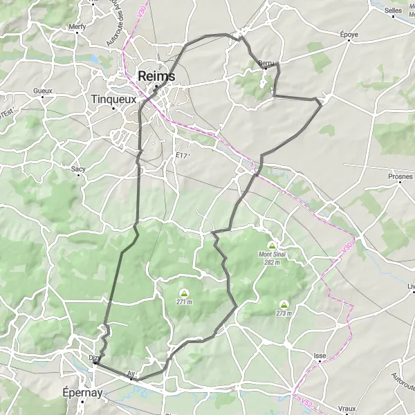 Miniature de la carte de l'inspiration cycliste "Parcours entre villages et champagne" dans la Champagne-Ardenne, France. Générée par le planificateur d'itinéraire cycliste Tarmacs.app