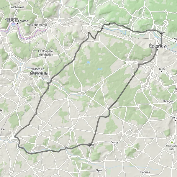 Miniature de la carte de l'inspiration cycliste "Tour des villages de la Montagne de Reims en road bike" dans la Champagne-Ardenne, France. Générée par le planificateur d'itinéraire cycliste Tarmacs.app