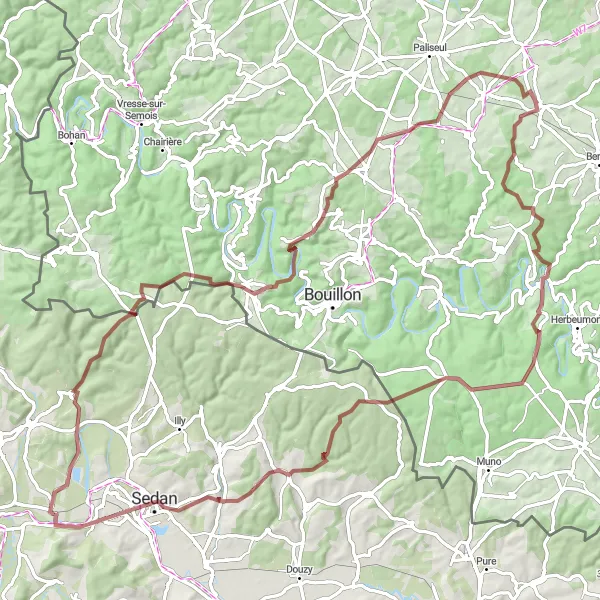 Map miniature of "Gravel Adventure through Donchery and Surrounding Nature" cycling inspiration in Champagne-Ardenne, France. Generated by Tarmacs.app cycling route planner