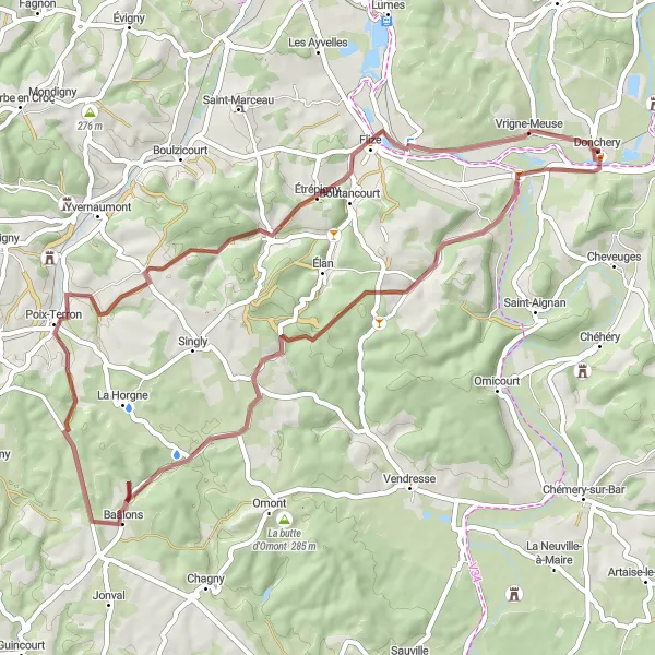 Map miniature of "Exciting Gravel Ride through Sapogne-et-Feuchères and Étrépigny" cycling inspiration in Champagne-Ardenne, France. Generated by Tarmacs.app cycling route planner