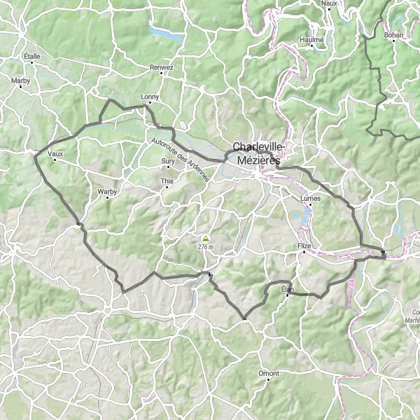 Map miniature of "Hilly Route through Donchery and Surrounding Villages" cycling inspiration in Champagne-Ardenne, France. Generated by Tarmacs.app cycling route planner