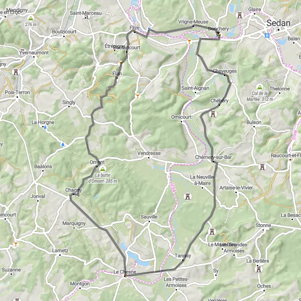 Map miniature of "Donchery Gravel Adventure" cycling inspiration in Champagne-Ardenne, France. Generated by Tarmacs.app cycling route planner