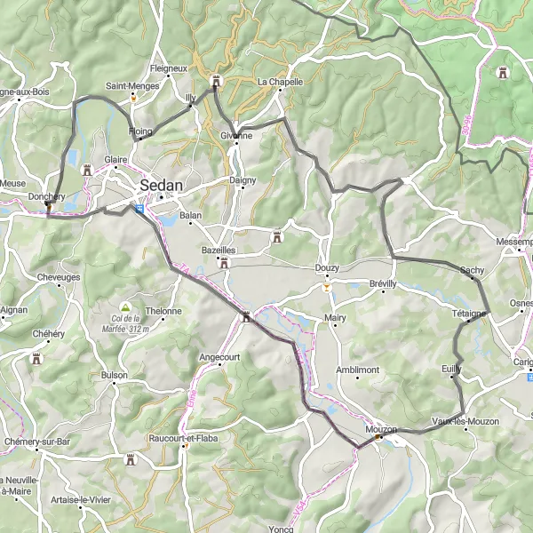 Miniature de la carte de l'inspiration cycliste "Parc naturel de l'Argonne" dans la Champagne-Ardenne, France. Générée par le planificateur d'itinéraire cycliste Tarmacs.app