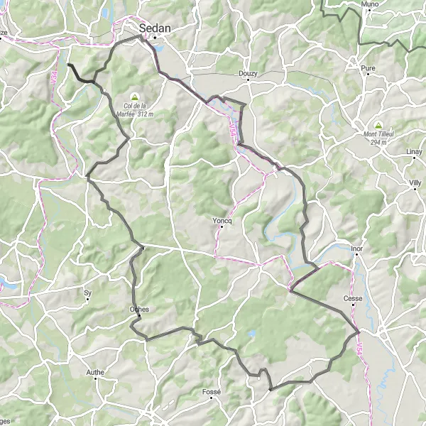 Map miniature of "Donchery Loop" cycling inspiration in Champagne-Ardenne, France. Generated by Tarmacs.app cycling route planner